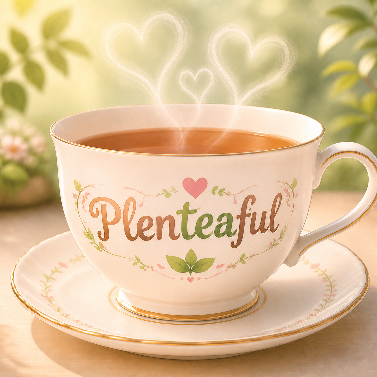 A cream Plenteaful teacup with three heart-shaped wisps of steam